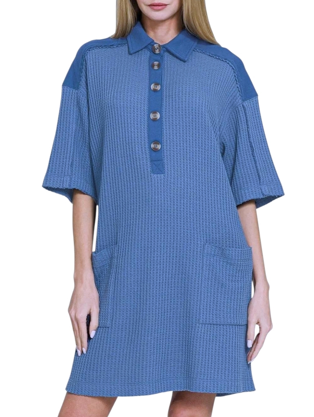 New Zenana Shirt Dress Women Size S M L Blue Waffle Pocket
